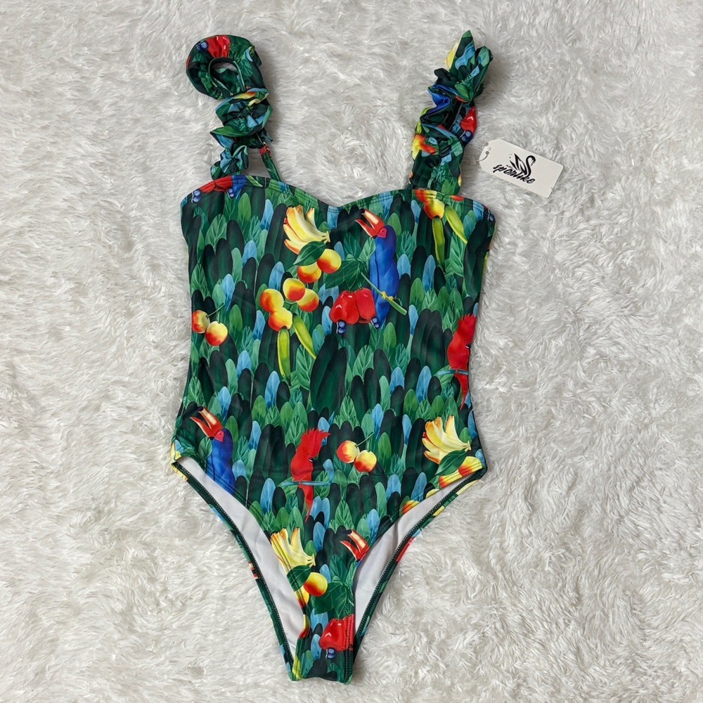 NWT Sporlike Tropical Parrot Print Ruffle Shoulder One Piece Swimsuit S